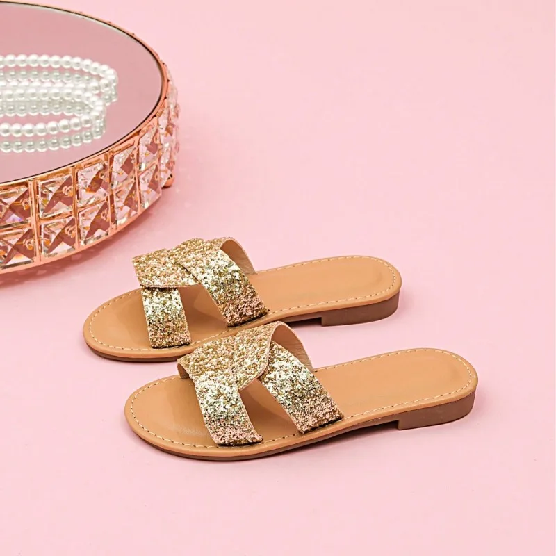 Summer Sequin Children's Slippers Girl Flat Flip-Flops Teen Outdoor Casual Shoes Big Kids Dress Sandals Non-Slip Comfortable