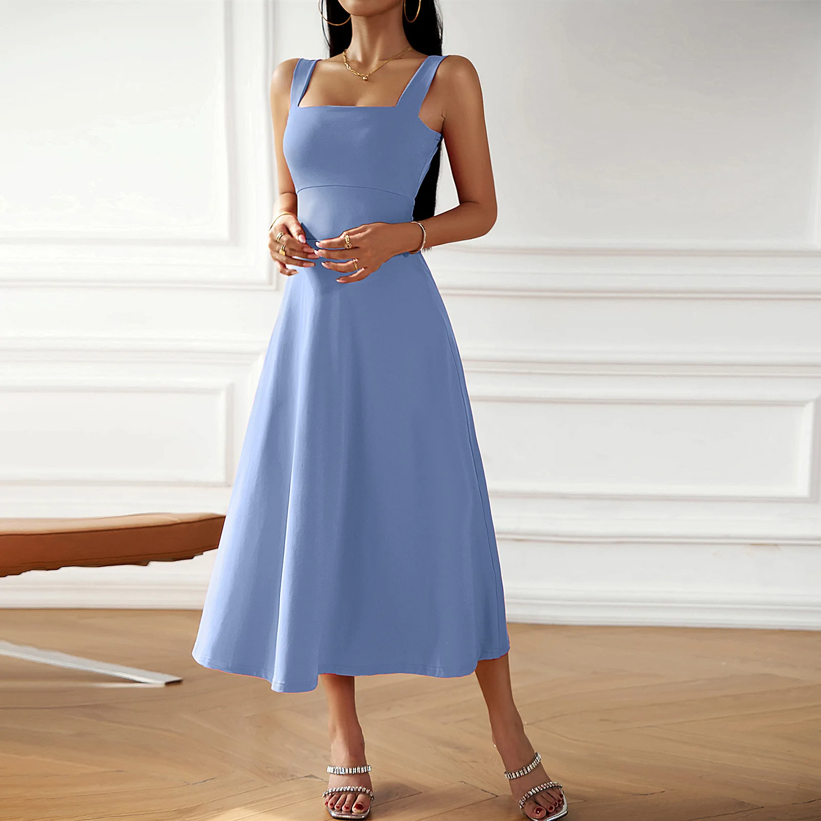 Solid Sexy Slip Dress for Women Square Collar  Elegantes Summer Dresses Sling Sleeveless Bare Shoulders Sexy Long Dress Vesidos