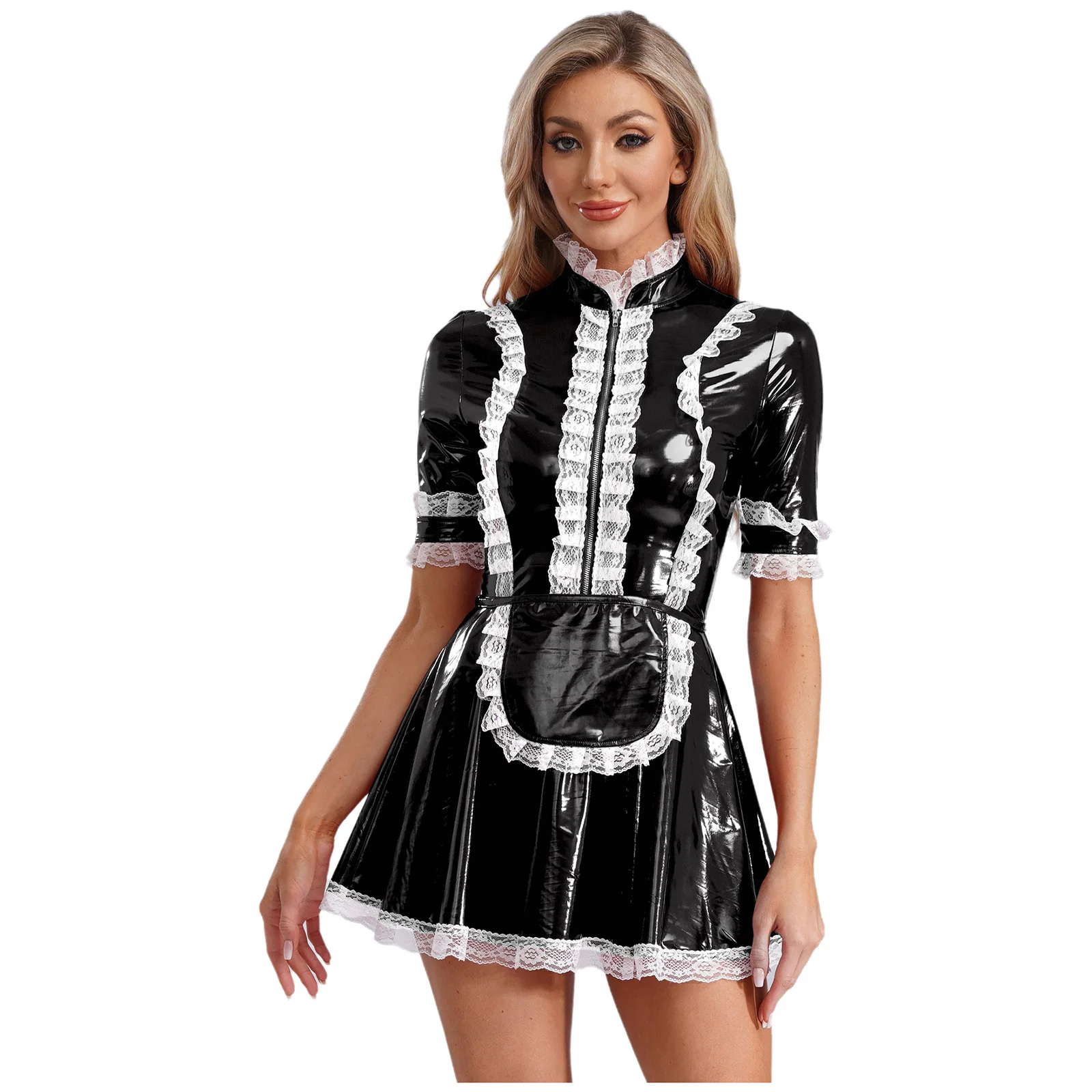 Sexy Women Shiny Leather Dress for Maid Servant Lingerie Nightwear Role Play Costume Lace Trim Dress with Apron Maid Uniform