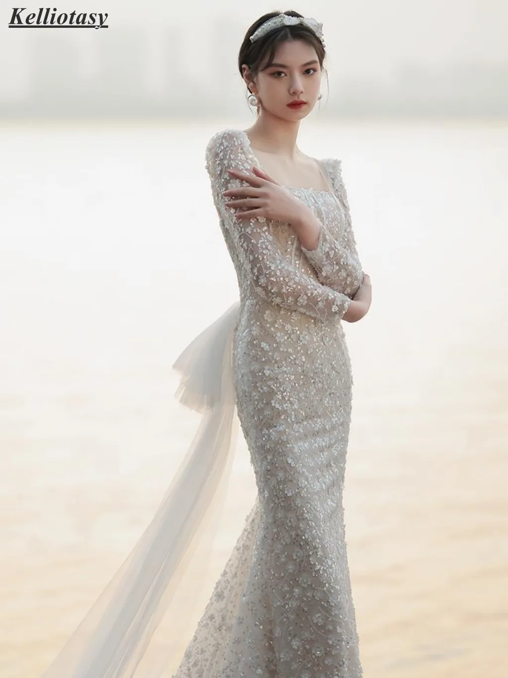 Custom Made ทรัมเป็ตชุดแต่งงาน Elegant Lace Mermaid ชุดเจ้าสาวแขนยาว MBYD033