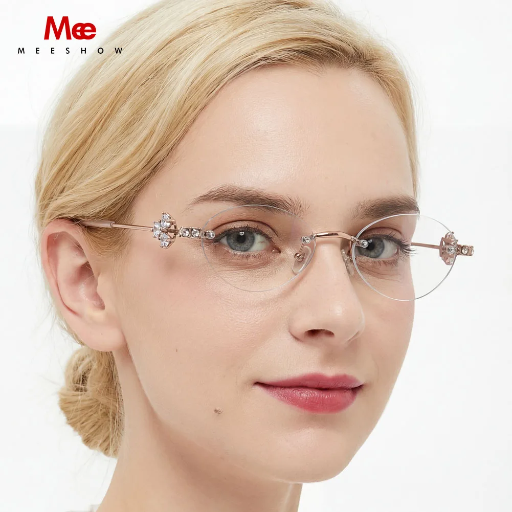 

Meeshow New Oval Frames Elegant Eyeglasses Women Rimless Retro Optical Rhinestone Skin-Comfortable prescription Eyewear 0913WK