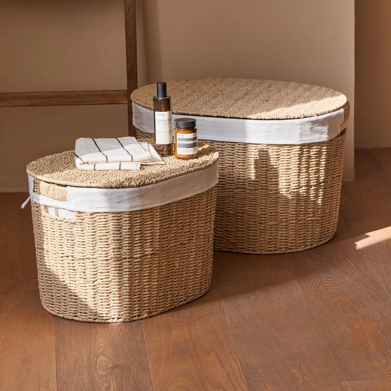 

Rustic Woven Laundry Hamper, Large Capacity Multi-Use Storage Basket for Bathroom Bedroom Kids Room, Farmhouse Style Home Decor