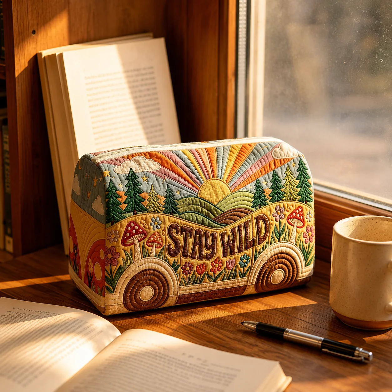 Vintage Printed Cosmetic Bag Quilted Texture Makeup Pouch Retro Van Forest Travel Toiletry Organizer Zipper Storage Case Women