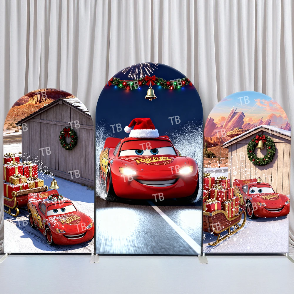 

Disney Cars Arch Backdrop Cover Birthday & Baby Shower Christmas Santa Hat Gifts Snow Theme for Kids Party Photo Booth Decor