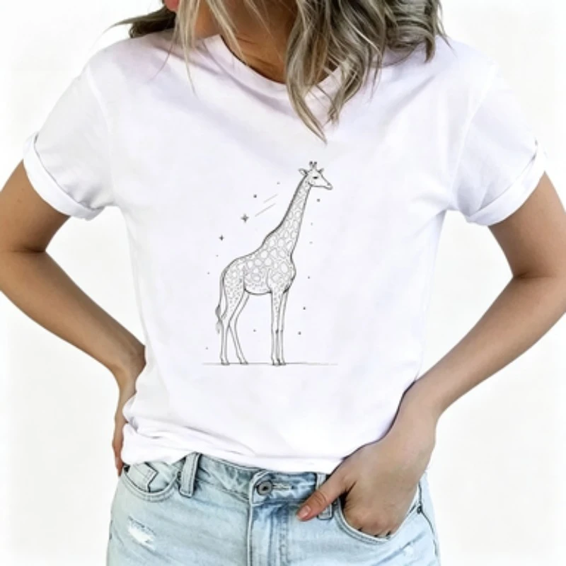 Women Summer Cotton Tee Cute Hand‑drawn Giraffe Print Soft‑fit Casual Vintage Street‑wear Round Neck Short‑sleeve Tops