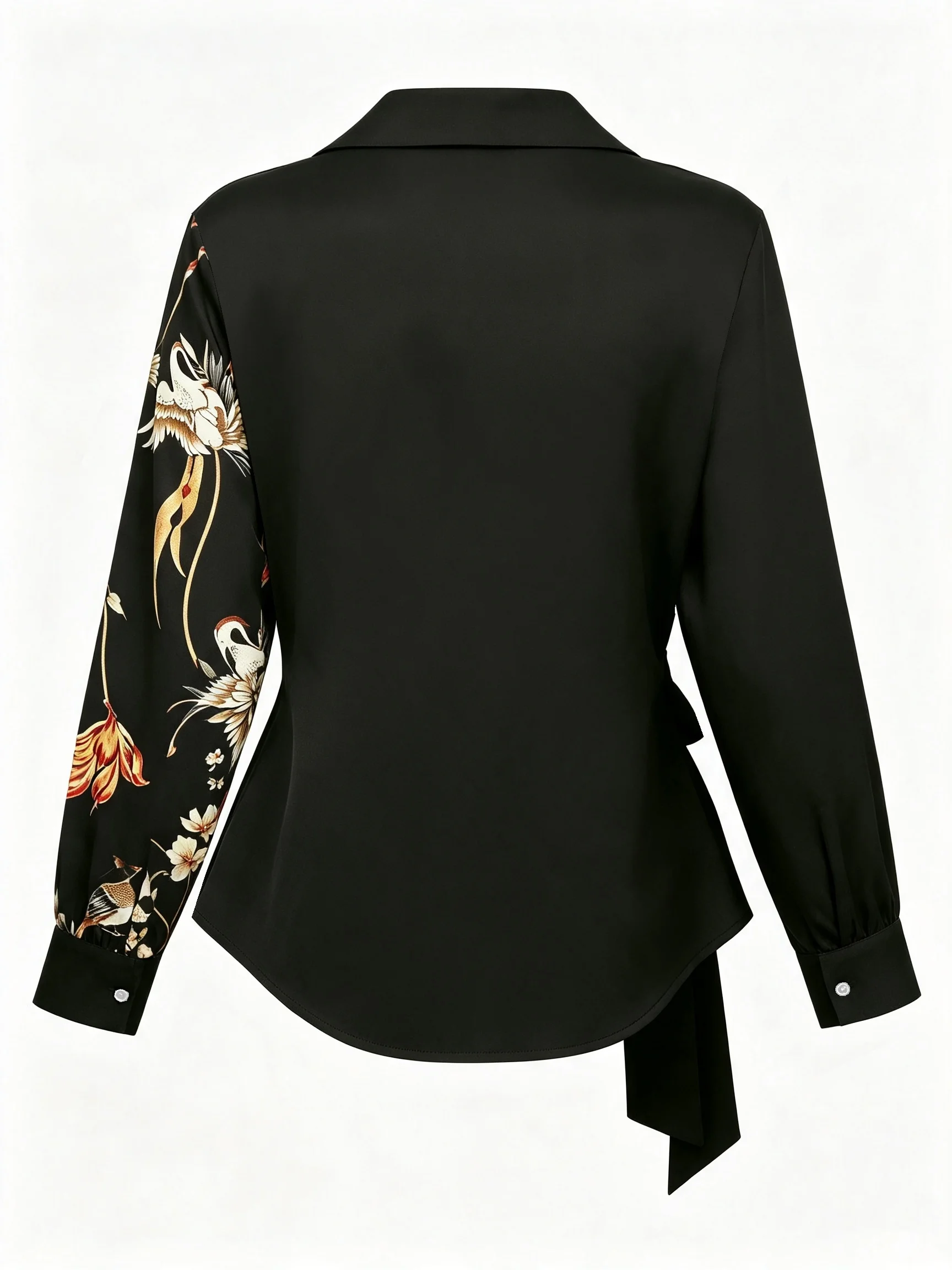 Ladies Elegant Print Splice Solid Color Shirt with Butterfly Knot Fashionable Women's Top in Soft Fabric