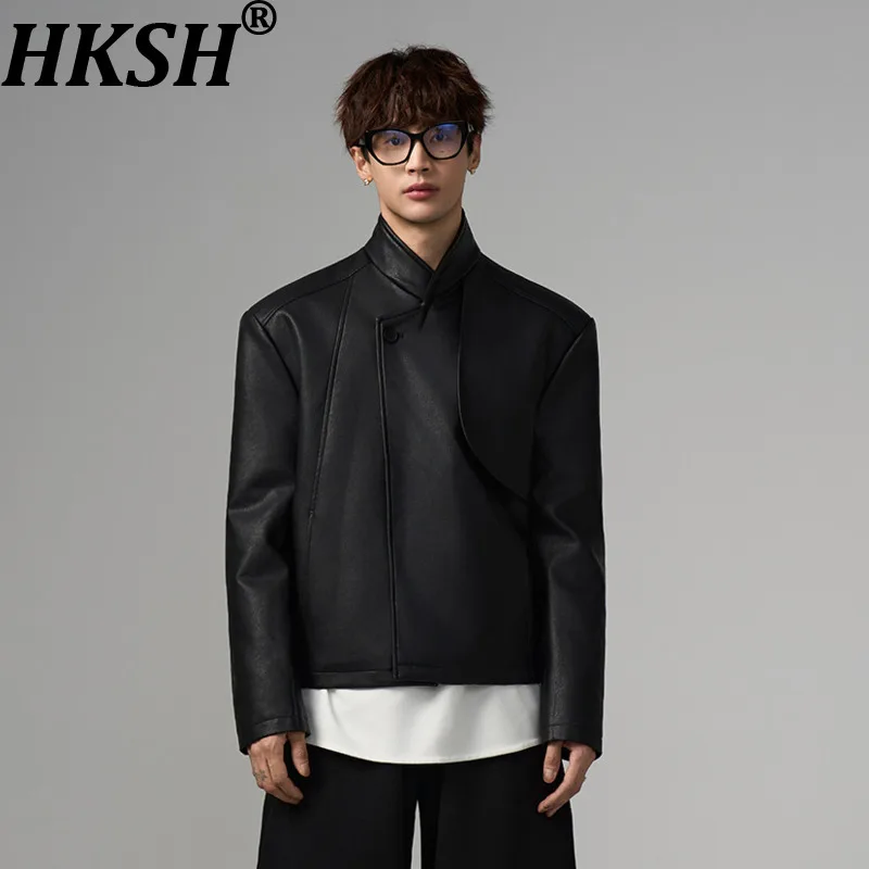 HKSH Autumn Winter New Men Dark Padded Shoulder Patchwork PU Leather Jacket Trendy Fashion Niche Design Short Down Coat HK18534