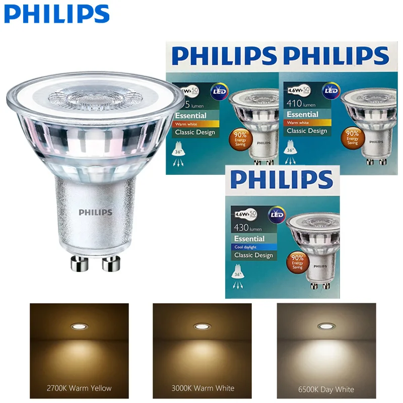Philips GU10 PAR16 LED Spot Light Essential 4.6W (=50W Halogen) 220-240V 36° Degree Classic  White LED Ceiling Recessed Lamps