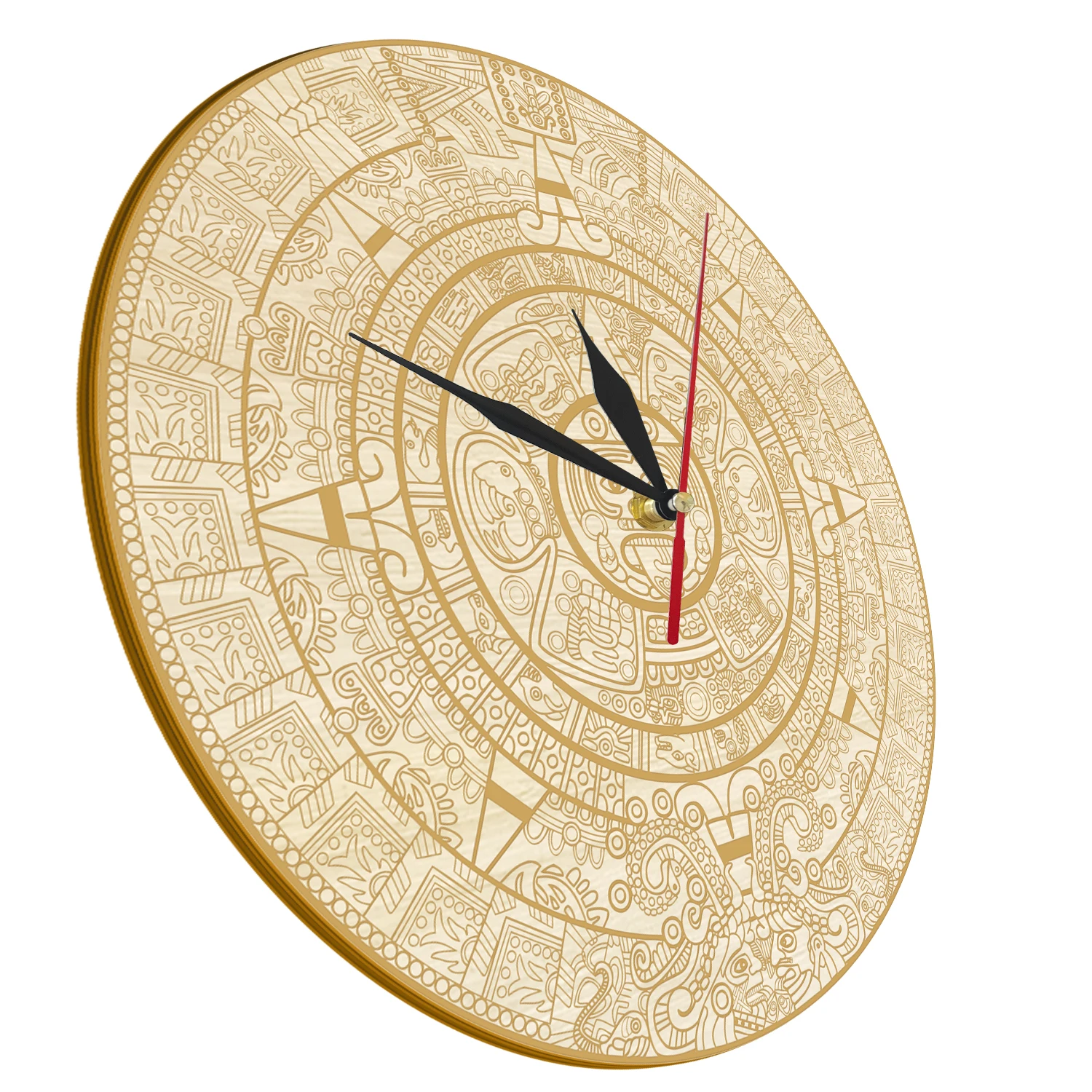 Calendar Mayan Carved Wooden Wall Clock Aztec Sun Stone Mexican Old God Mythological Art Home Decor Watch Silent Quartz Clock