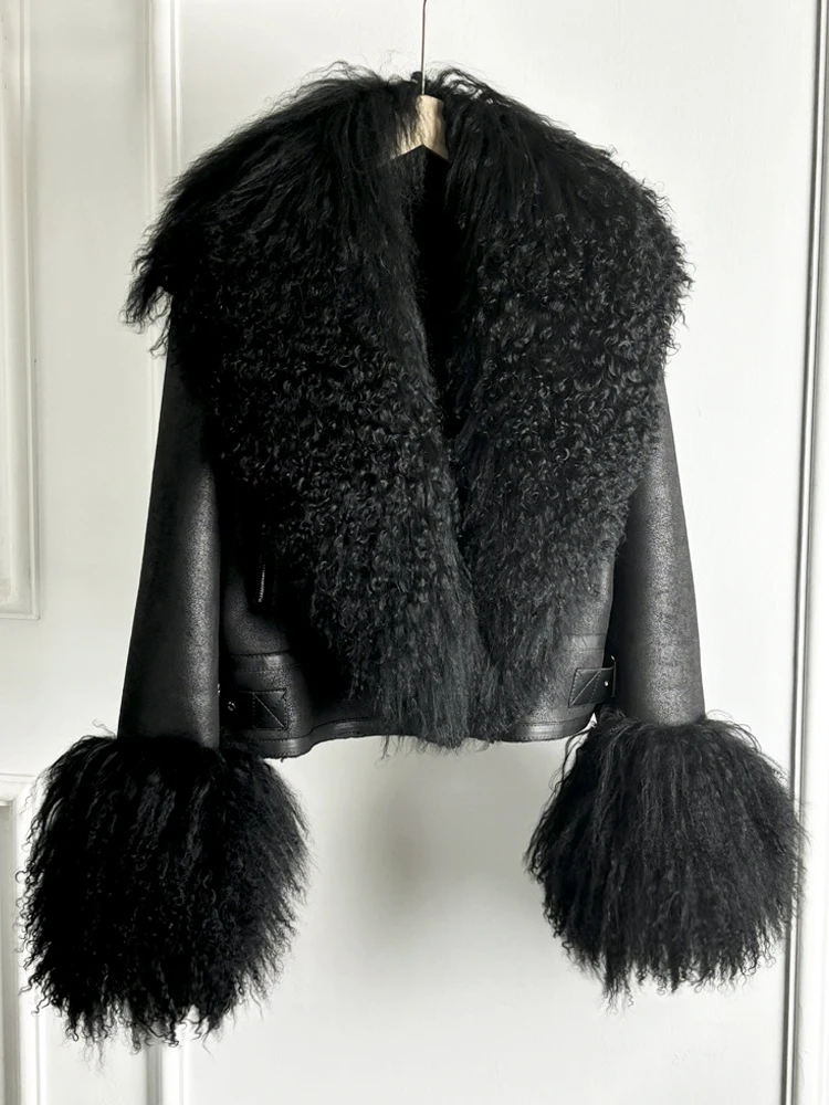Janveny-abrigo de piel de oveja mongol Natural de lujo para mujer, Chaqueta corta de piel sintética para invierno, prendas de vestir gruesas para motociclista