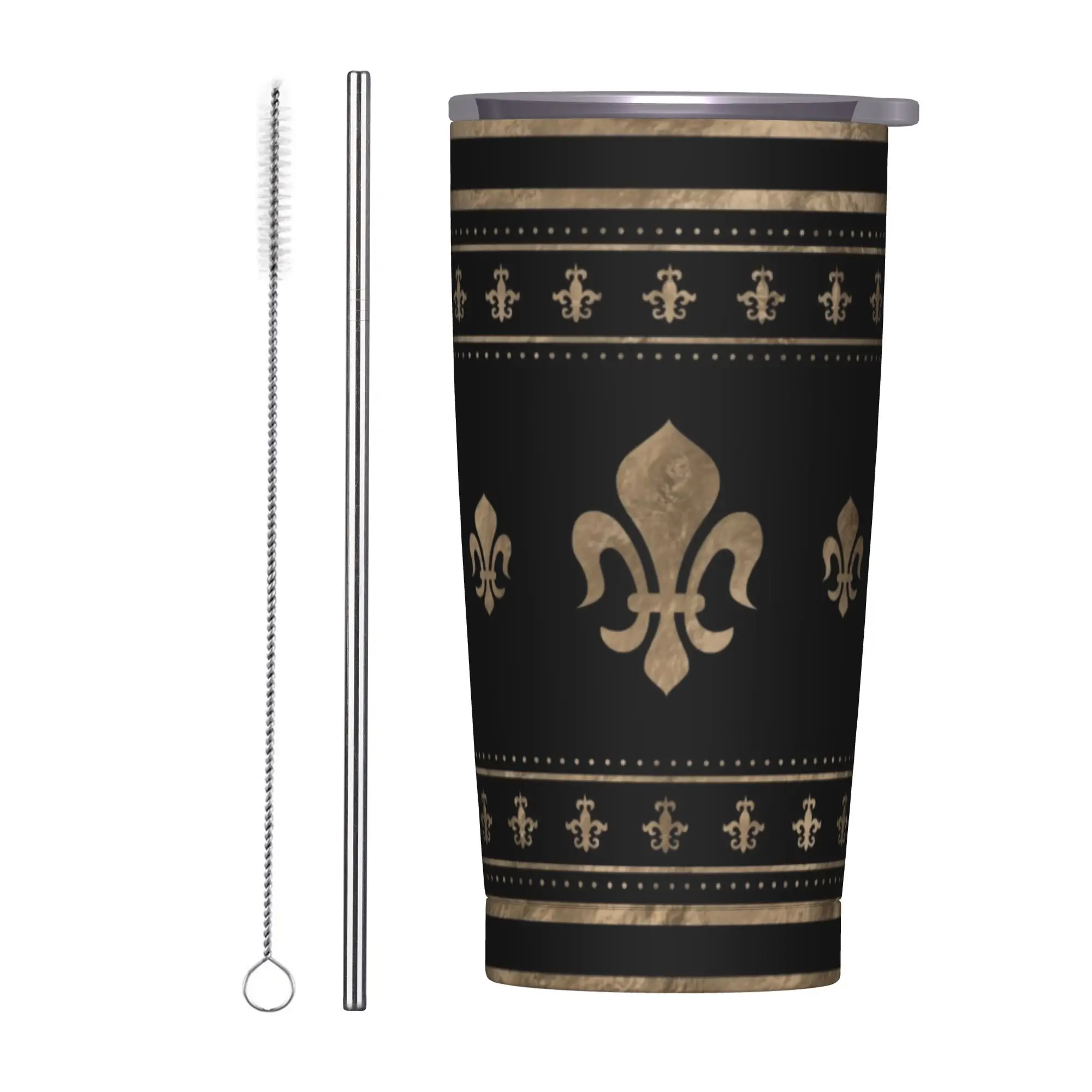 

Luxury Fleur De Lis Black and Gold Tumbler Vacuum Insulated with Lid Straw 20oz Stainless Steel Double Wall Coffee Mug Tags Cups