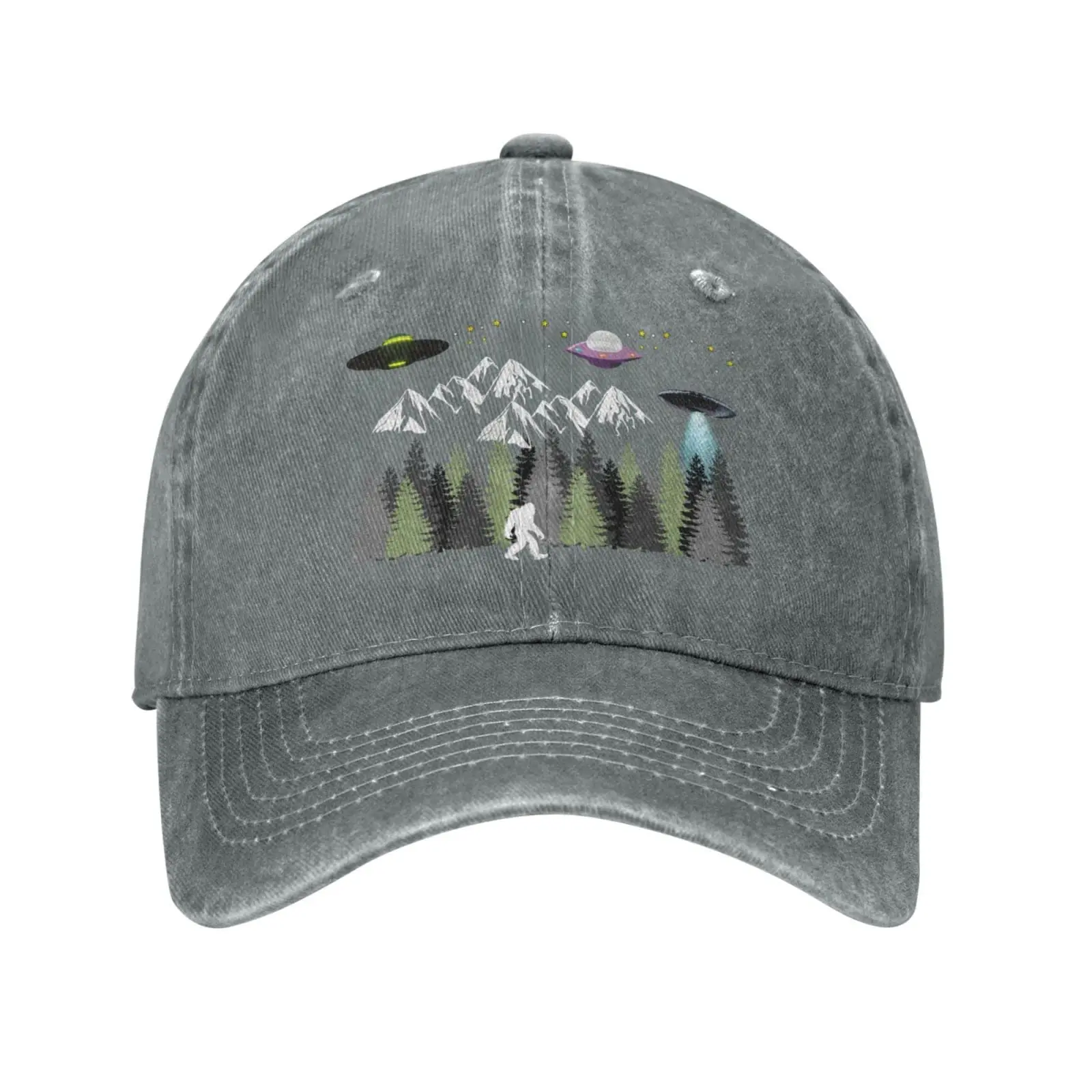 Fashion Dad Hats UFO Bigfoot Sasquatch Trees Forest Hide and Seek Baseball Cap for Men Women Washed Denim Hat Trucker Caps