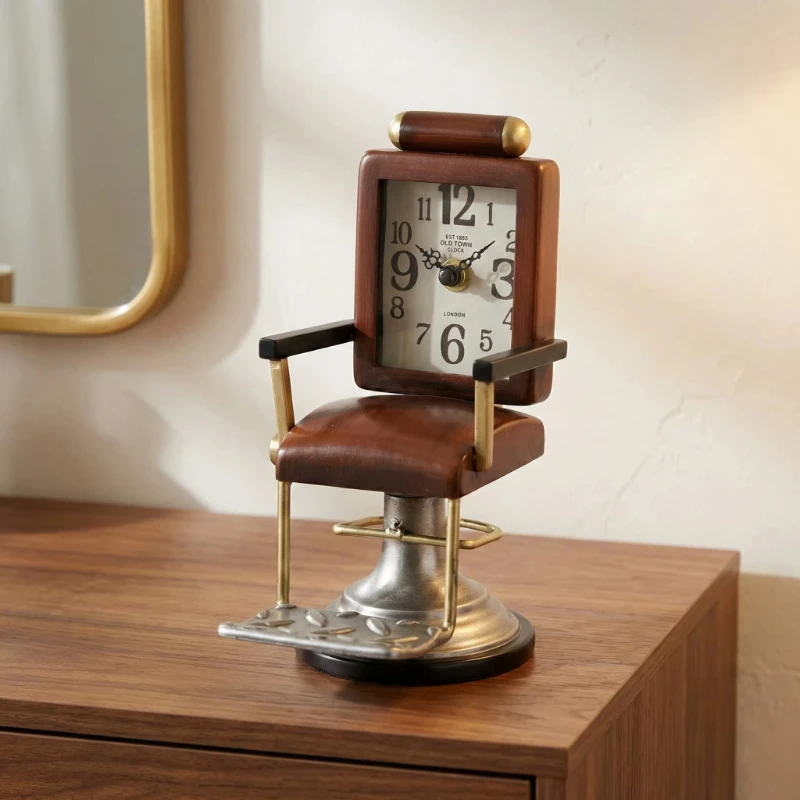 

Retro Barber Chair Modeling Number Clock Study Desktop Decor Premium Ironwork Art Restaurant Bedroom Mute Desk Clock Room Decor