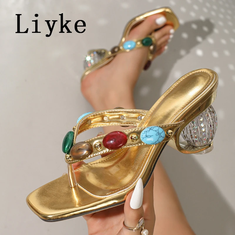 

Liyke Strange Style Crystal Fretwork Heels Women Party Slippers Fashion Colour Gem Narrow Band Flip Flops Sandals Female Mules