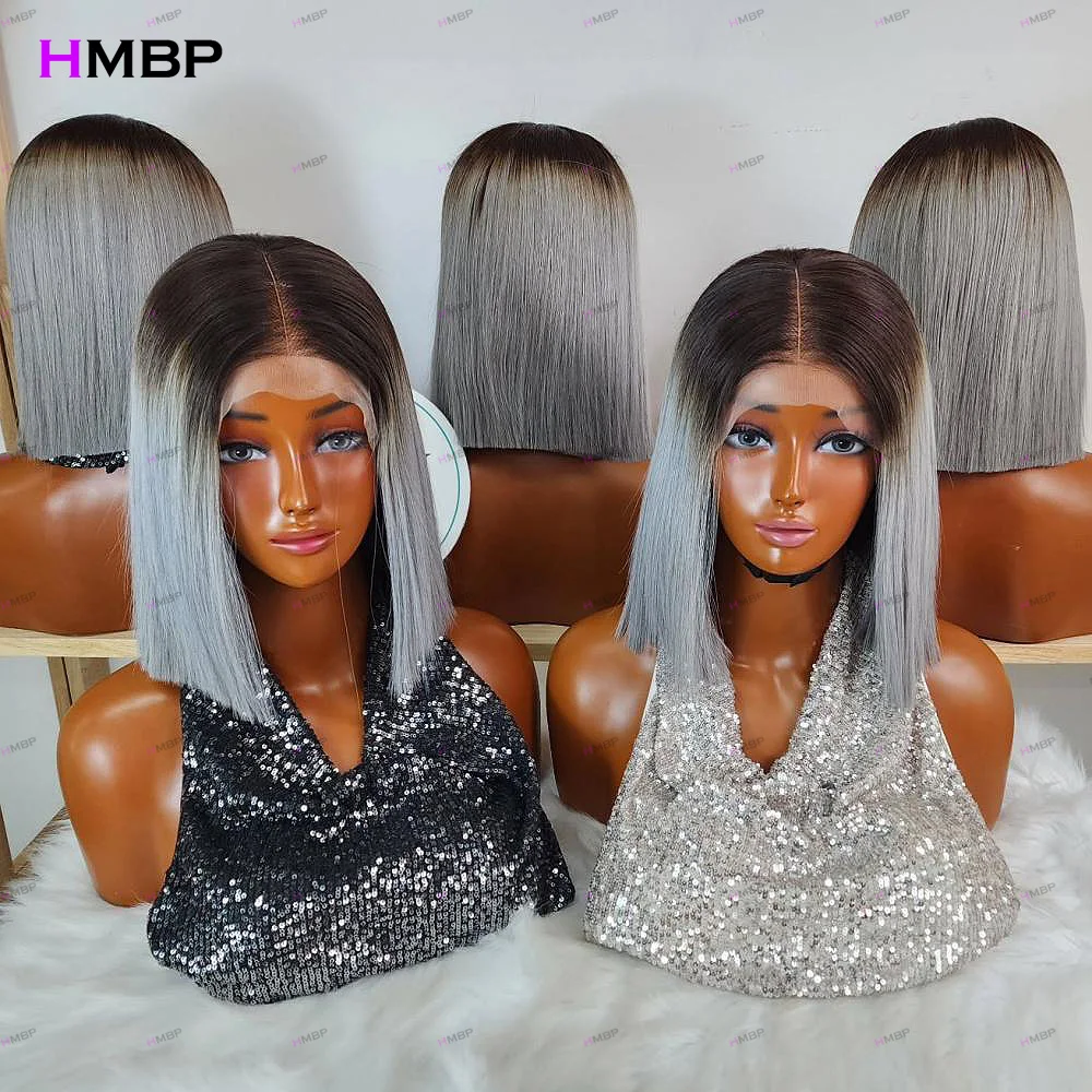 4x4 5x5 Lace Front Wig T1B-Grey Blue Blunt Cut Straight Bob Human Hair Wig Glueless Pre Plucked 10‑14Inch Short Wig Ready to Go