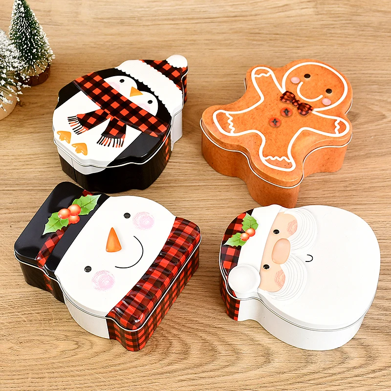 1pcs Christmas Candy Packing Box Tinplate Santa Claus Snowman Penguin Gingerbread Man Boxes Merey Xmas Festival Party Supplies