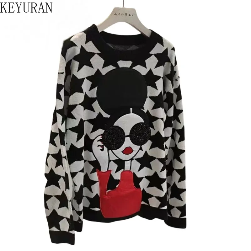 Cartoon Pullover Sweater Women Autumn Winter Vintage Fashion Star Jacquard Long Sleeve Casual Knitwear Tops Jumper Sueter Mujer