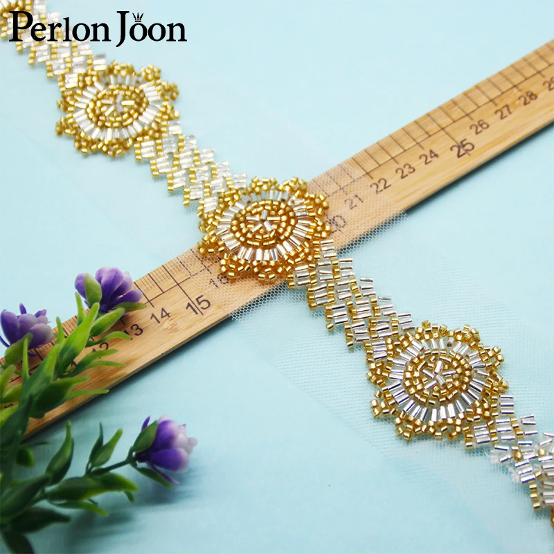 5Yards Round Shape Gold Glass Bead Imitation Handmade Mesh Lace Trim Ribbon DIY Decoration for Clothing Wedding Dress Belt HB085