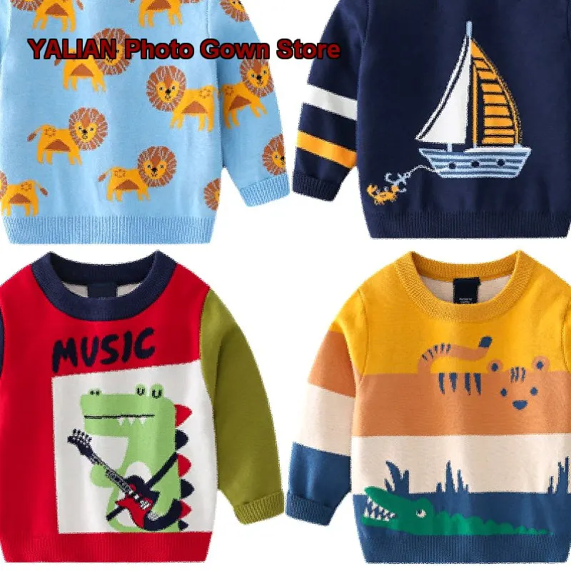 Boys Knit Double-Layer 2026 Spring Winter Cartoon Print Cute Little Kids Pullover Sweater