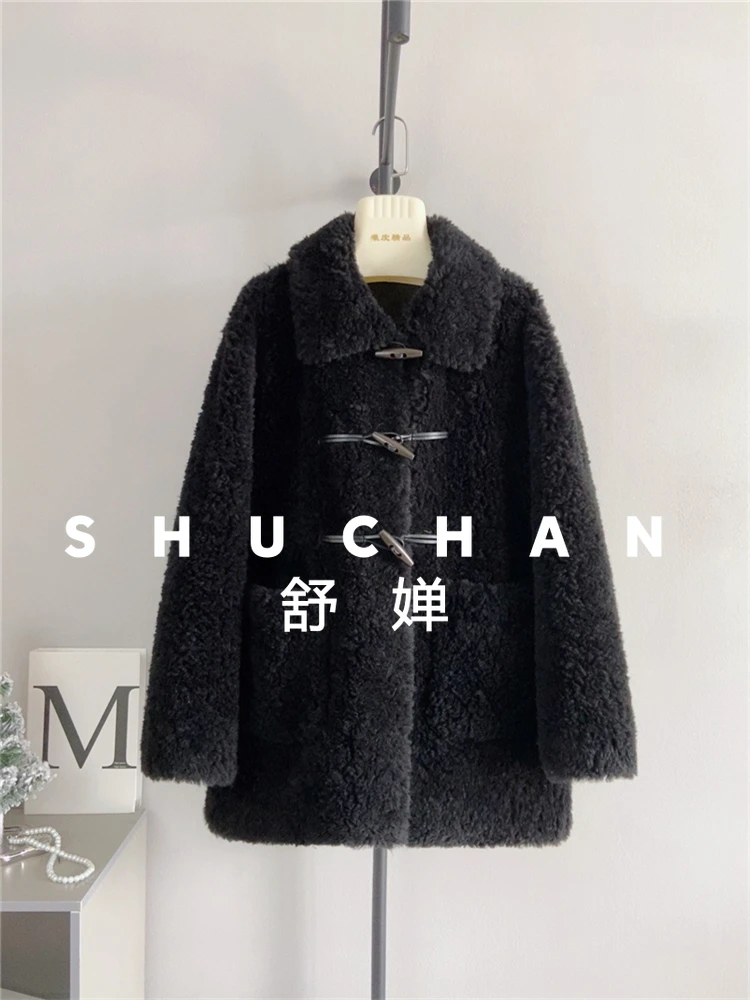 100% wool coat women new warmLamb wool horn buckle medium and long vertical insert pocket square collar pure wool composite fur