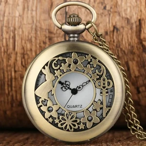 15 New Fashion Styles Vintage 1Pcs Pocket Watch with Chain Metal Hollow Iron Carving Pattern Pendant Chain Clock Birthday Gift