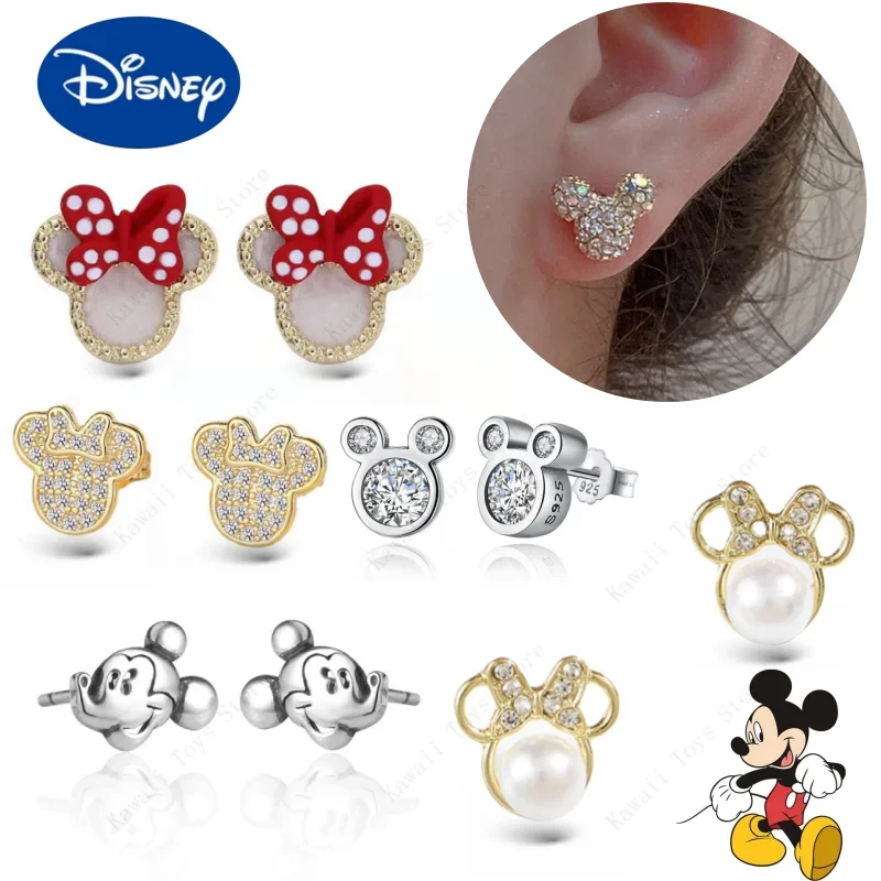 Disney S925 Sterling Silver Earrings Mickey Mouse Minnie Star Earrings Kawaii for Women's Everyday Gift Girlfriend Birthday Gift