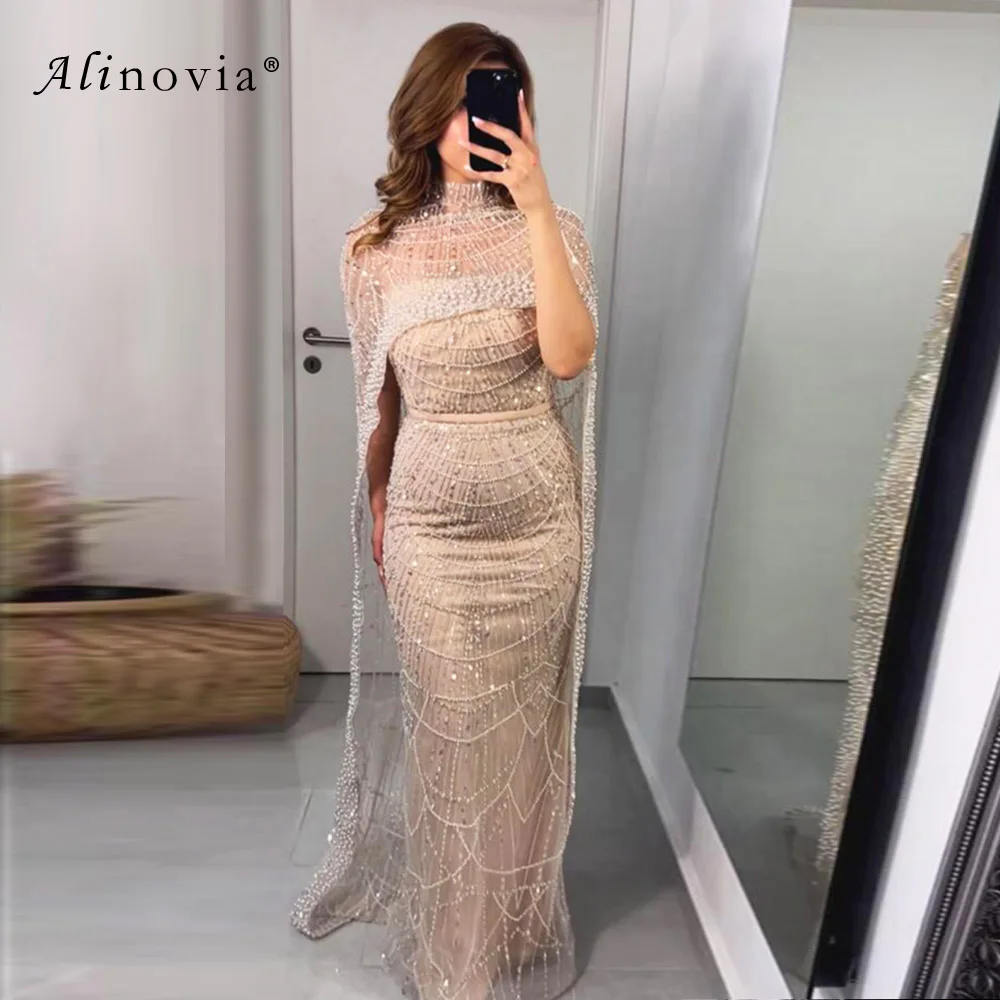 

Elegant Pearls Arabic Evening Graduation Dress with Detachable Cape 2023 Mermaid Luxury Formal Prom Wedding Party Gown for Women