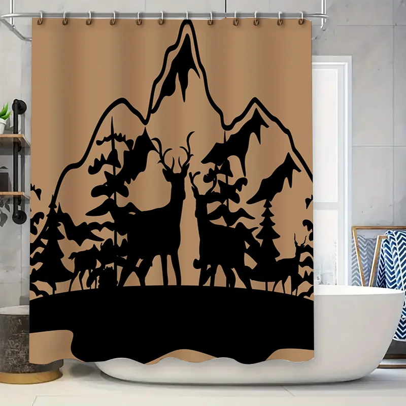 

Mountain Sunset Shower Curtain with Elk Silhouette Decorative Waterproof Fabric Bathroom Decoration Black/Beige Color Set (180x2