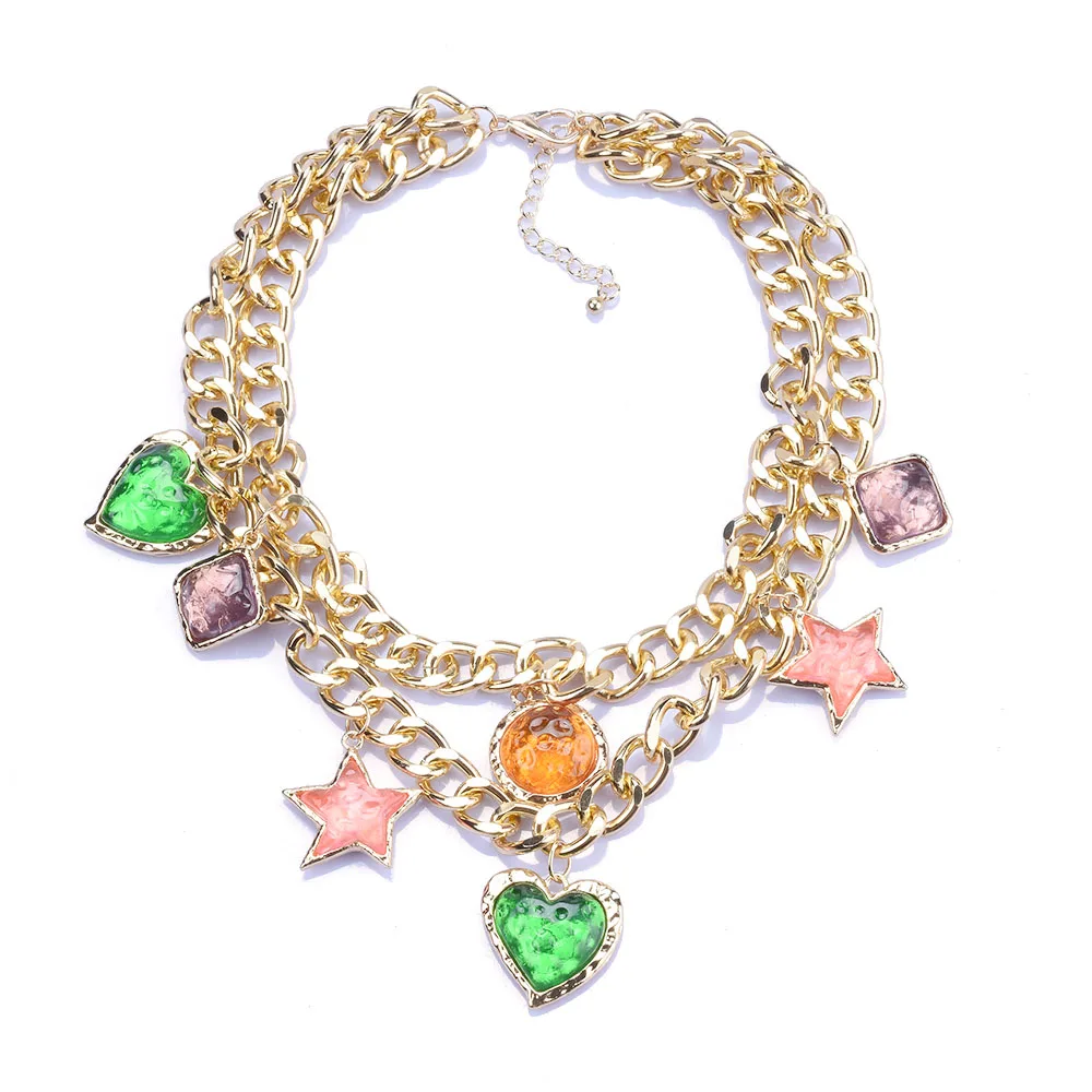 2024 New ZA Golden Metal Chains Link Choker Necklace With Charm Heart Star Pentants For Women Jewelry Vintage Statement Necklace