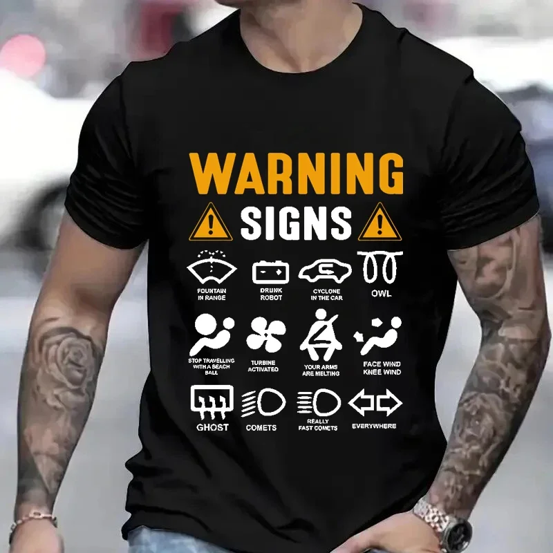 T Shirt for Men Clothing Funny Car Warning Signs Design Men's T-shirts Short Sleeve Summer Tee Shirts Clothes Y2k Tops Camisetas