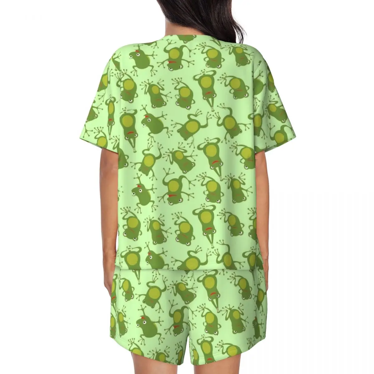 Green Frog Lovers Pajamas Short Sleeve Animal Print 2 Piece Sleep Pajama Sets Daily Female O Neck Kawaii Home Suit