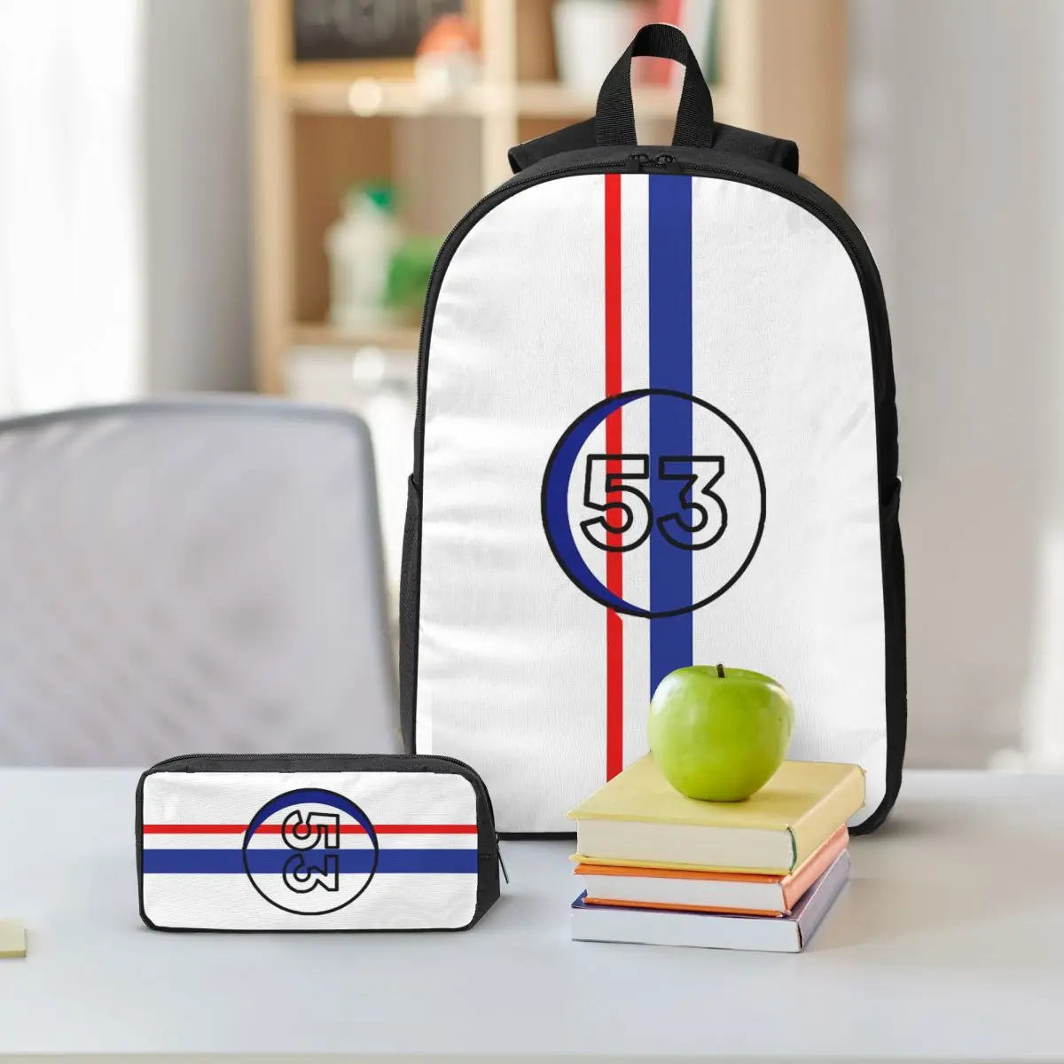 Herbie Number 53 حقيبة ظهر للطلاب بنين بنات حقيبة كتب مدرسية حقيبة كمبيوتر محمول حقائب كتف 3ps معزول حقيبة الغداء مقلمة