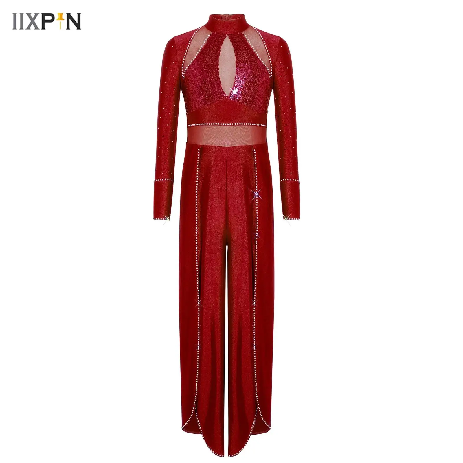 

Girls Acrobatics Gymnastics Split Wide Leg Bodysuit Ballet Lyrical Dance Stage Performance Costume Sequins Mesh Splice Jumpsuit