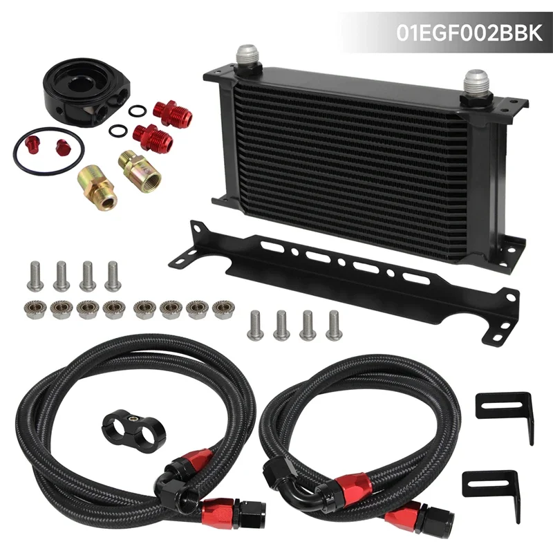 19 Row 248mm AN10 Universal Engine Transmission Oil Cooler w/Bracket + Oil Filter Hose End Kit Blue/Black