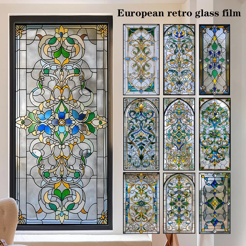 

European Retro Glass Film, American Colored Glass Film, Window Sticker Stained Glass Window FilM Static Cling Frosted / Etched