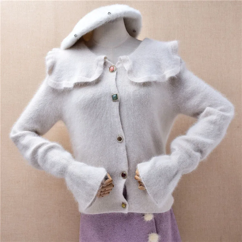 

Женский осенне-зимний кардиган из ангоры с длинными расклешенными рукавами и отложным воротником, облегающий, вязаный