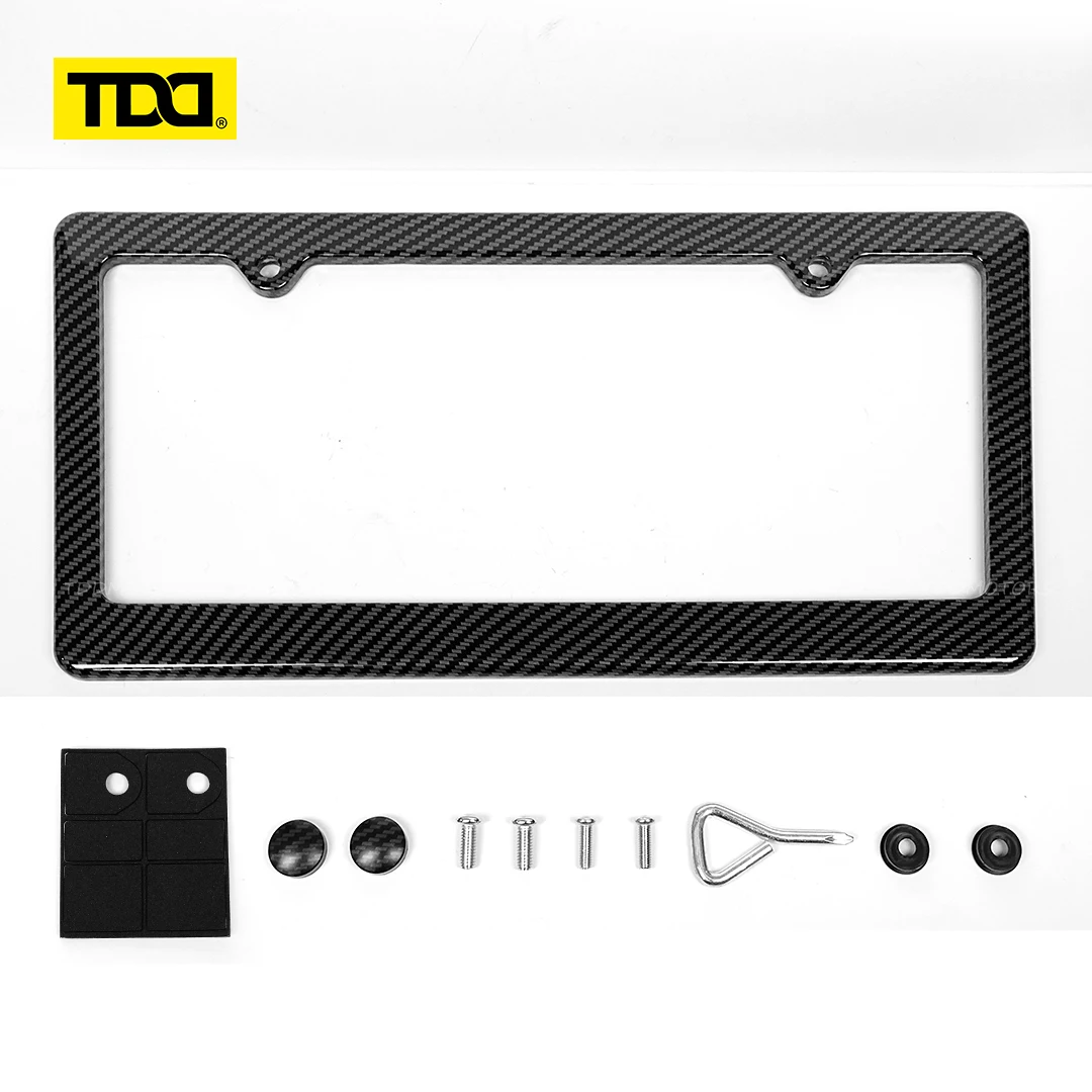 TDD Forged Pattern Carbon Fiber License Plate Frame For US 2 Hole Car Tag Holder Cover with Screw Caps