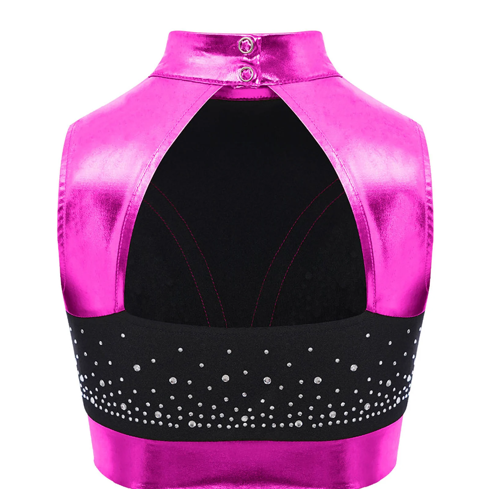 Kids Girls Jazz Disco Dance Top Sleeveless Cutout Back Shiny Rhinestones Color Block Metallic Tank Crop Top Cheerleading Uniform