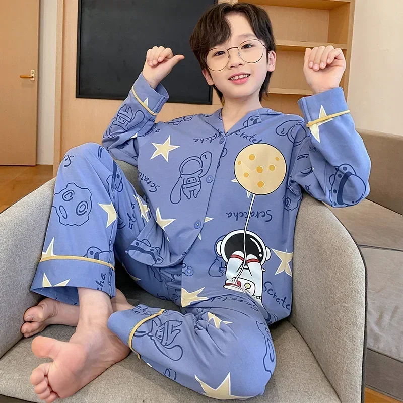 New 2026 Spring Summer Boys Cartoon Print Pajamas Home Wear Kids Casual Long Sleeve Lapel Pyjamas Teen Sleepwear Clothing Sets
