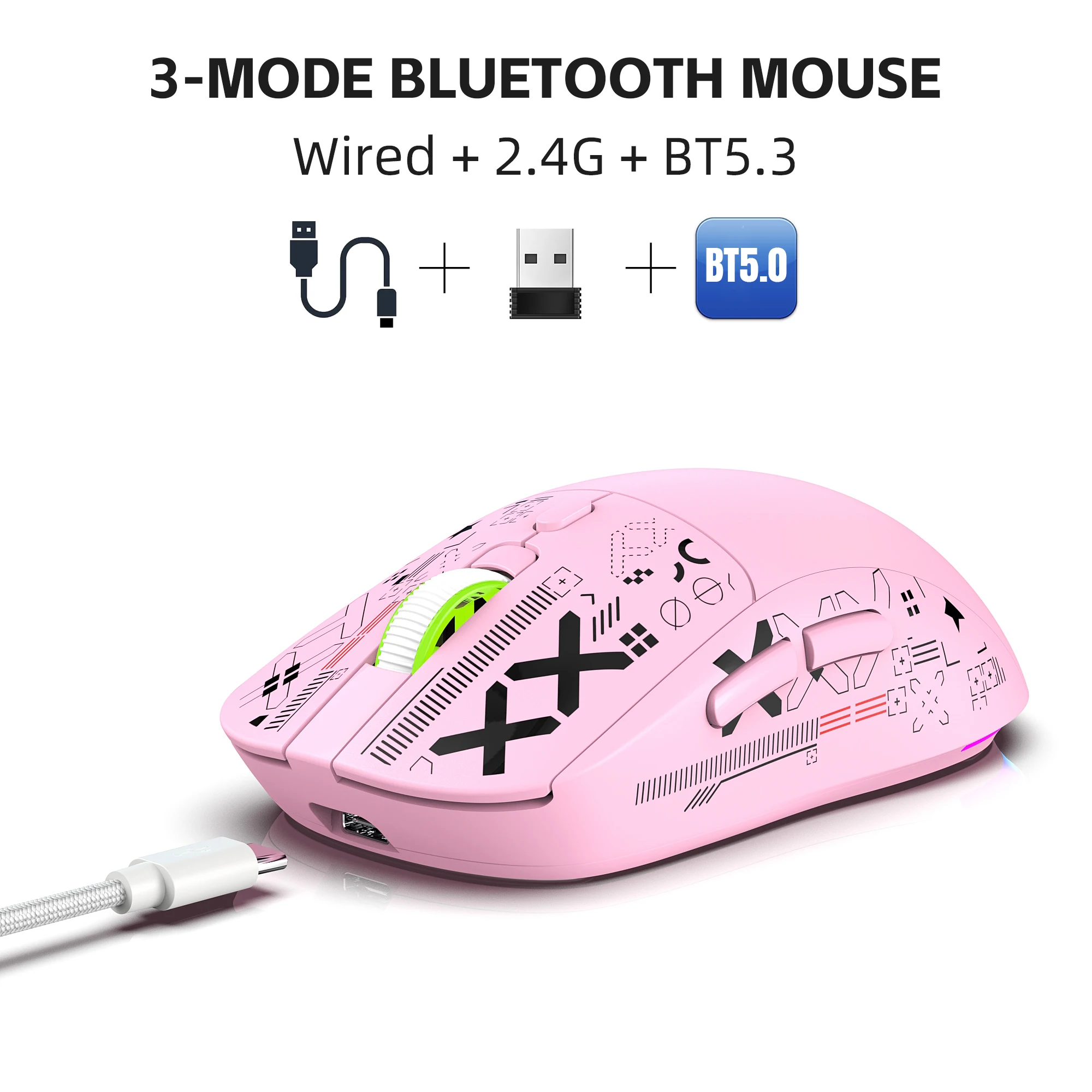 

2025 New 3-Mode Wireless Gaming Mouse RGB Macro Ergonomic, 6 Programmable Buttons, Silent Click, Pink for PC/Laptop