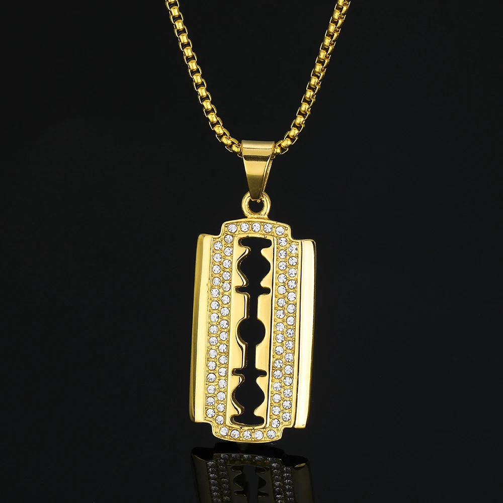 Hip Hop Barber Razor Blade Iced Out Shiny CZ Pendant Gold Color Stainless Steel Zircon Necklace for Men Barbershop Jewelry Gift