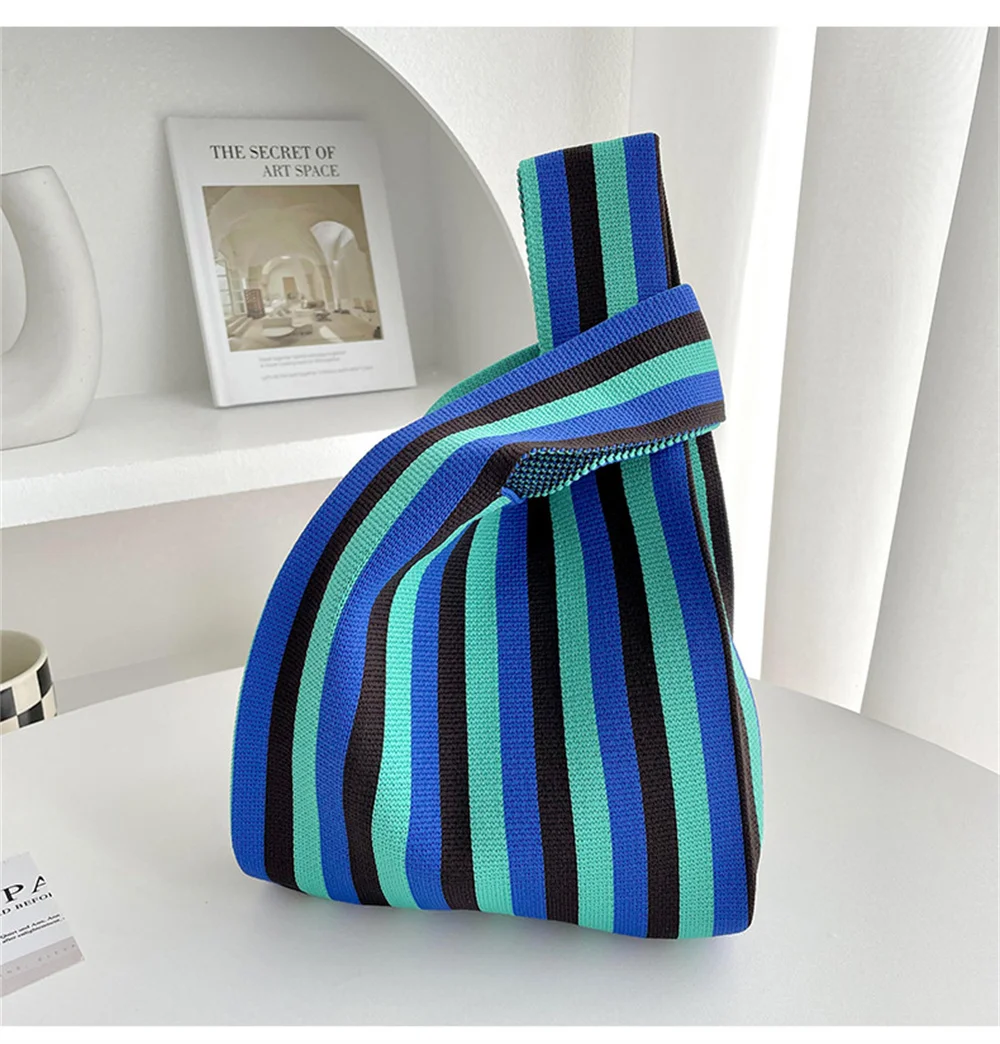 Japanese Thin Stripe Plaid Tote Bag Women Mini Knot Wrist Bag Casual Color Handmade Knit Handbag Reusable Shopping Bag Key Purse