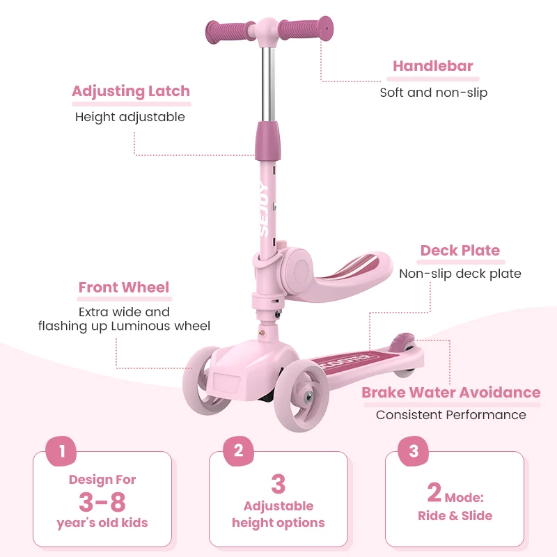 سكوتر ركلة للأطفال مع مصابيح LED ذات 3 عجلات، ومقود قابل للتعديل من العجاف إلى التوجيه، ومقعد قابل للطي، وركوب الجلوس أو الوقوف، لمدة 3-8 سنوات