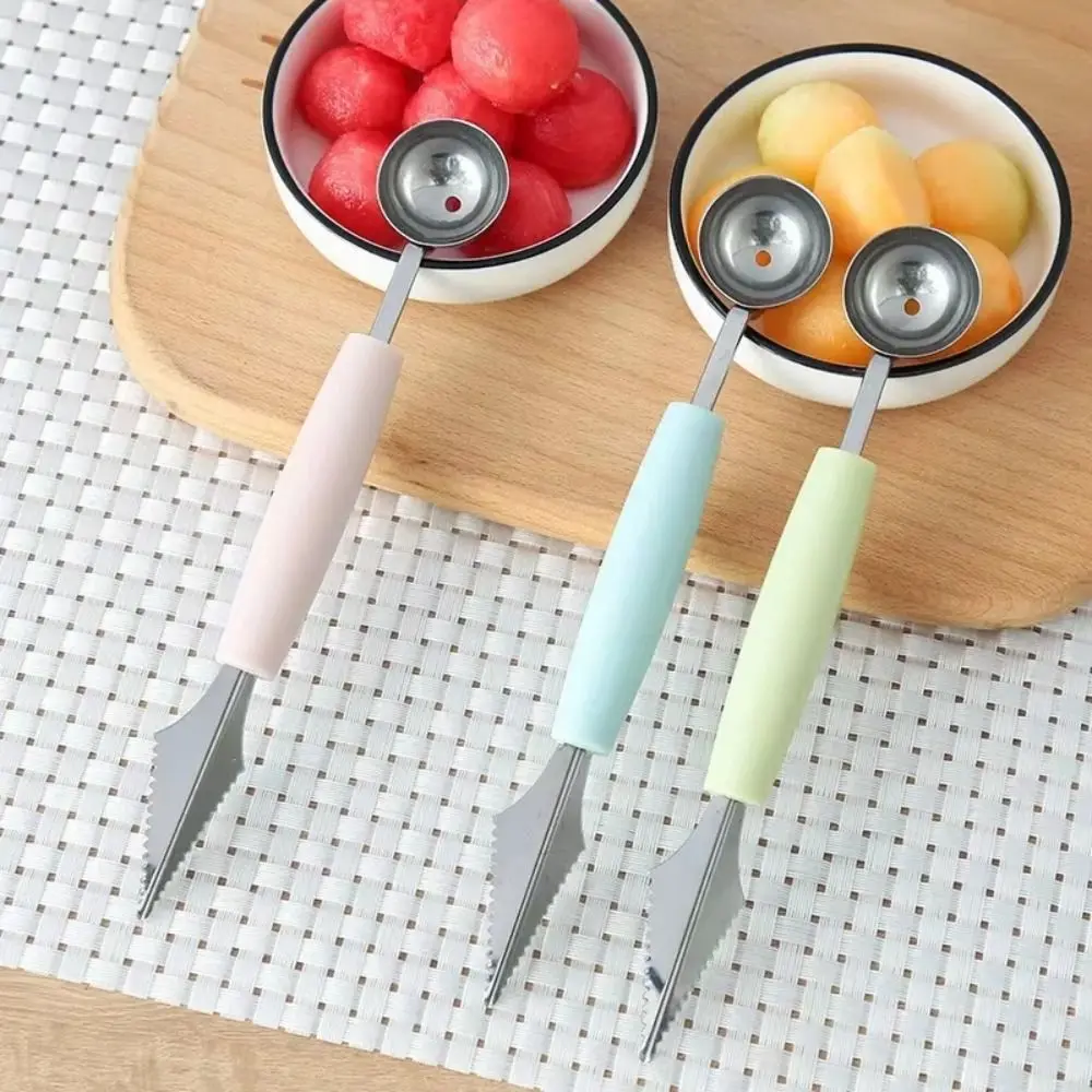 New Stainless Steel Dual-head Spoon Green Pink Blue 2 in 1 Ice Cream Baller Watermelon Scoop Kitchen Accessories