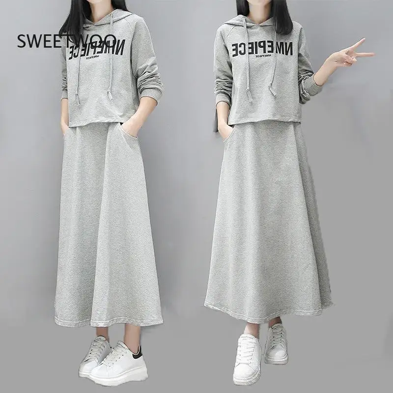 Women's Gray Letter Hoodie & Long Maxi Skirt 2 Piece Set Casual Lazy Daily Outfits 2026