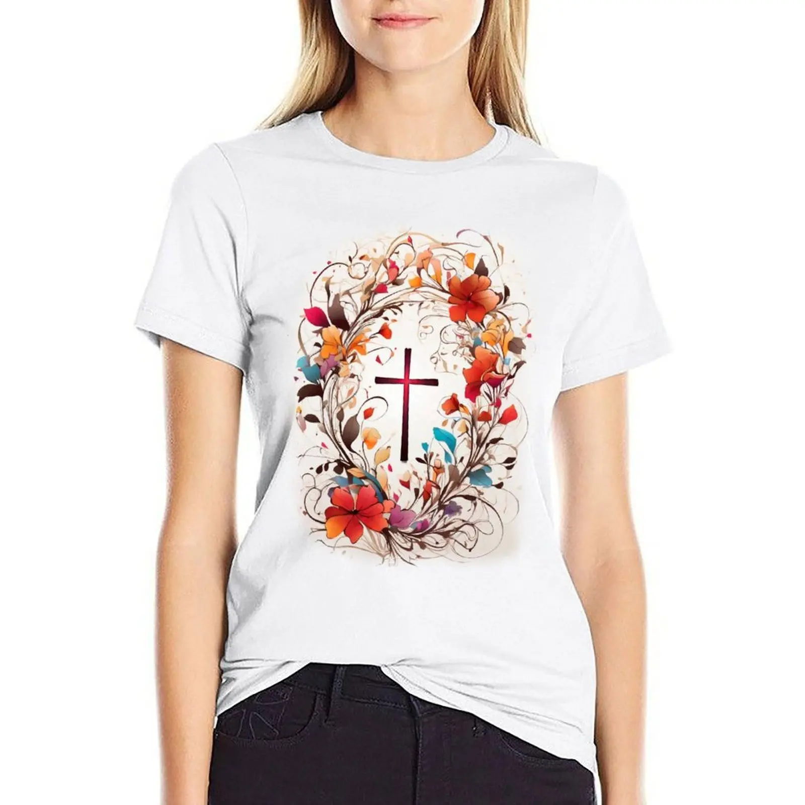 Christian Wall Art, Decor- Cross T-shirt oversized lady clothes Short sleeve tee Women's t-shirt