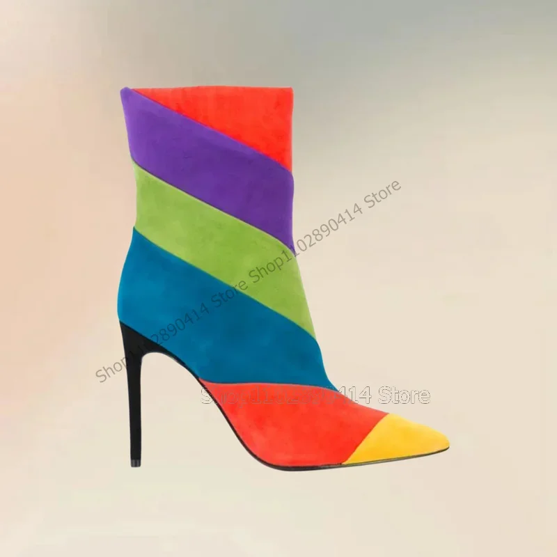 

Mixed Color Stripe Design Pointed Toe Boots Side Zipper Women Shoes Thin High Heels Novel Fashion Party 2024 Zapatos Para Mujere