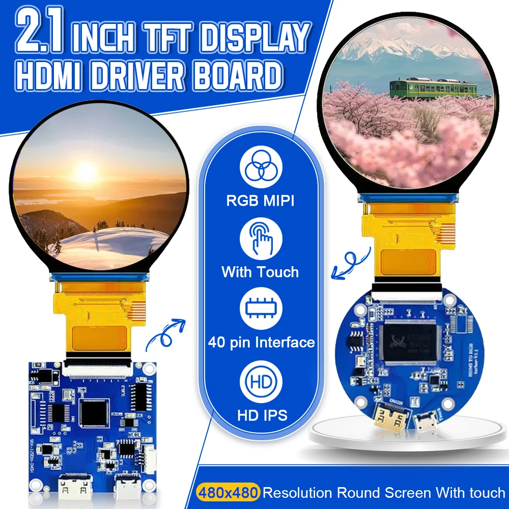 2.1 Inch TFT LED Display Module Round Screen HD IPS 480*480 SPI RGB Interface MIPI HDMI Driver ST7701S Capacitive Touch Screen