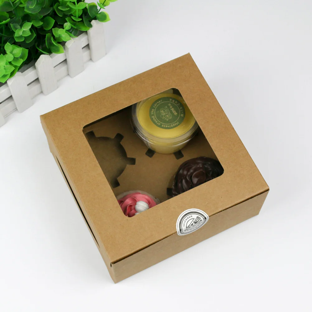 Cajas para cupcakes de papel Kraft, contenedores para cupcakes con ventana de grado alimenticio de 4 cavidades para cumpleaños, boda, Baby Shower, postre de fiesta
