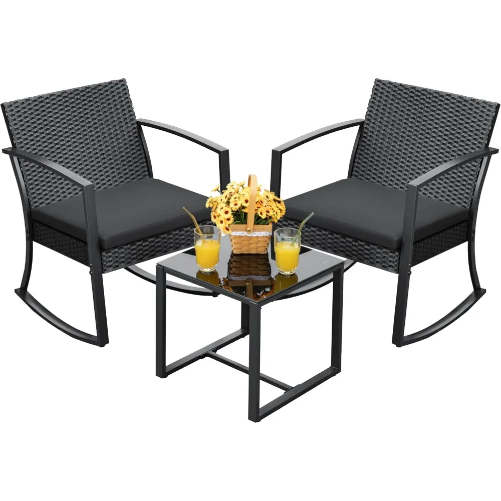 

Resin Patio Furniture Set 3 Piece All Weather Outdoor Rocking Chairs with Cushions and Coffee Table for Bistro Balcony Porch (B